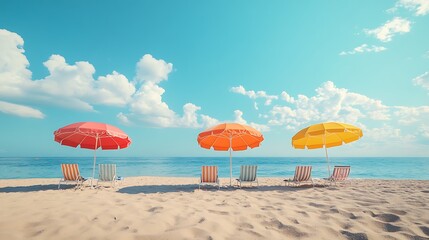 colorful umbrellas on a tranquil beach with clear blue sky