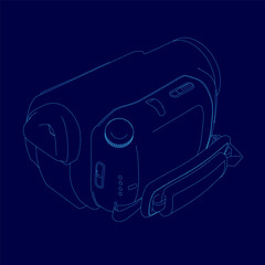Poster - Blue drawing of a camera with a strap. The camera is a small, compact device with a blue color scheme. The camera is designed to be portable and easy to use