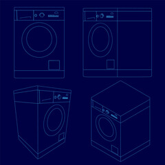 Poster - Series of blue drawings of a washing machine. The drawings are all different angles of the same machine