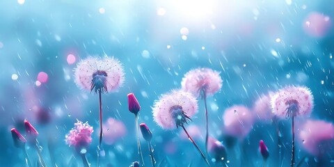 Poster - Field of pink flowers with raindrops on them