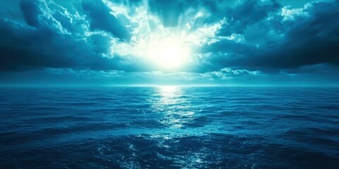 Poster - Beautiful blue ocean with a sun shining on the water