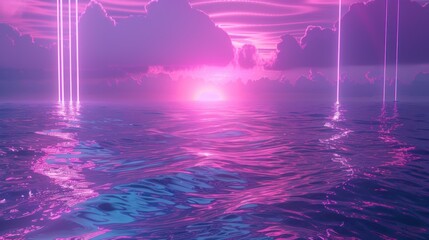 Canvas Print - Pink sunset over calm ocean with neon beams.