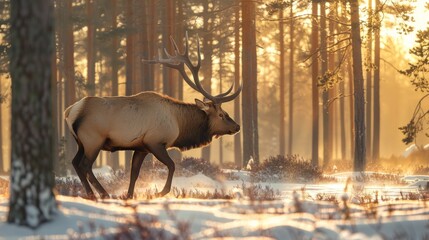 Wall Mural - Majestic elk in winter forest at sunset.