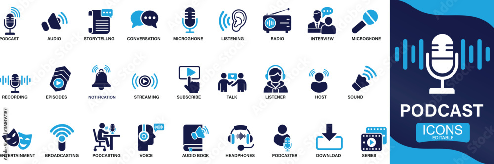 Podcast icon set. audio, microphone, record, podcasting, broadcasting ...