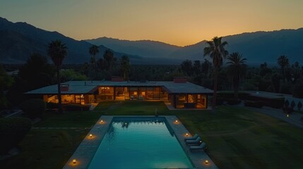 Wall Mural - Modern desert house at sunset, pool, mountains.