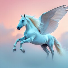 White horse with a white wing flying in the sky