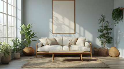 Wall Mural - Modern minimalist interior design shows off a white sofa, wood coffee table, and lots of plants beautifully.