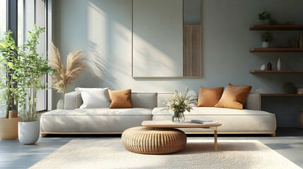 Wall Mural - Modern Minimalist Living Room Decor Presents a Beige Sofa, Plants, and Wooden Furniture in a Naturally Lit Space.