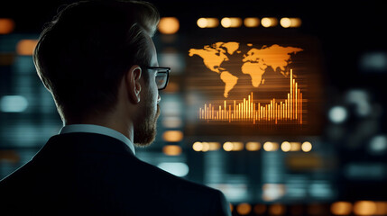 Aufkleber - A professional analyzing data with a glowing world map and graphs in a high-tech environment.