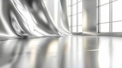 Poster - A serene interior scene with flowing fabric and large windows, reflecting soft light.