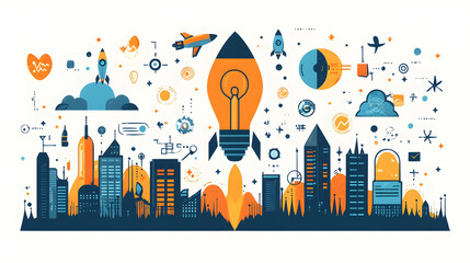 Poster - A vibrant illustration of a cityscape with rockets, symbolizing innovation and technology.