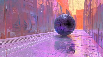 Poster - Futuristic city alley with a reflective sphere.