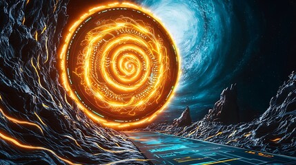 Poster - Ethereal Cyber Power Portal: A Stunning Visual of Double Exposure Design Blending Technology and Cosmic Elements for Futuristic Aesthetics