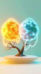Poster - Conceptual Representation of Energy Monitoring with Dual Radiant Spheres Above a Dry Tree Symbolizing Environmental Awareness and Technological Integration