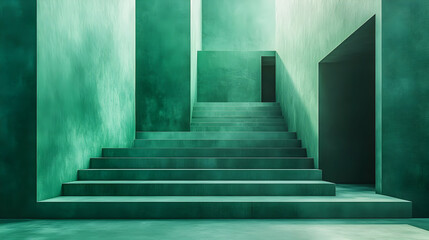 Poster - A minimalist, green-toned stairway leading to various levels in a serene, abstract space.