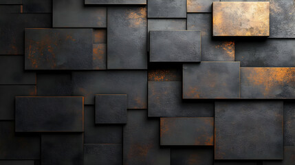 Poster - Abstract textured wall featuring dark and rusty metal panels arranged in a geometric pattern.