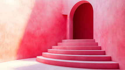 Poster - A serene, pink-hued staircase leads to an arched doorway in a minimalist space.