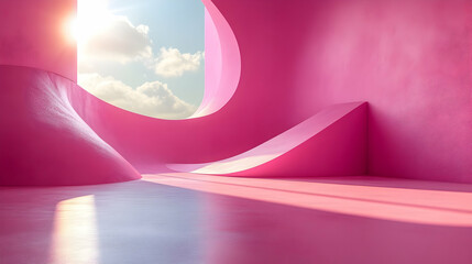 Poster - A vibrant, abstract interior space with pink walls and a large window letting in natural light.
