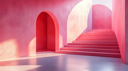 Poster - A serene interior featuring pink walls, arches, and a staircase illuminated by soft light.
