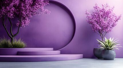 Aufkleber - A serene interior scene featuring purple walls, decorative plants, and a minimalist design.