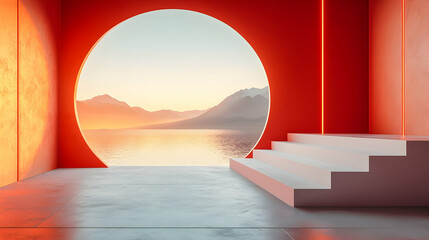 Poster - A serene interior space with a circular window showcasing a tranquil landscape at sunset.