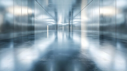 Poster - A sleek, reflective corridor with metallic walls and a glossy floor, suggesting modern design.