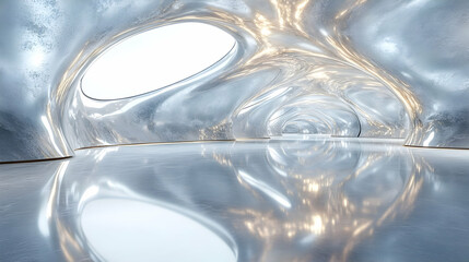 Poster - A futuristic, reflective interior space with fluid shapes and bright openings.