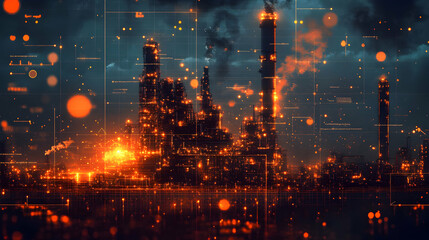 Poster - Industrial landscape with fiery elements and digital overlays, suggesting energy production.