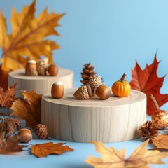 Wall Mural - Autumn harvest miniature pumpkins, acorns, and pinecones on wooden display.