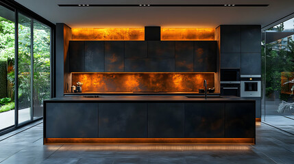 Poster - Modern kitchen with sleek design and warm lighting, emphasizing functionality and style.