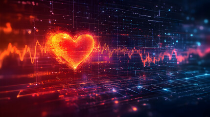 Poster - A glowing heart symbol overlaid on a digital heartbeat graph, representing health and technology.