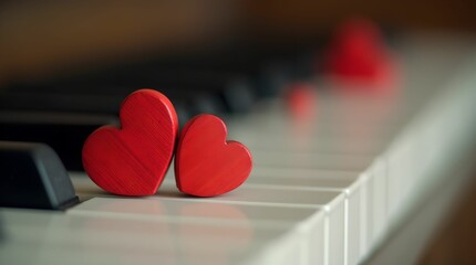 Red wooden hearts on piano keyboard