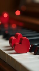 Red wooden hearts on piano keyboard