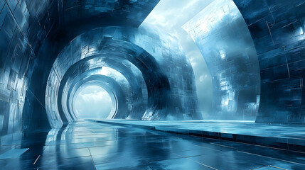 Poster - A futuristic, reflective corridor with metallic surfaces and ethereal lighting.