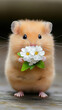 © Pisahouse - A cute hamster holding a small bouquet of white flowers, showcasing its adorable features and charming expression in a natural setting.