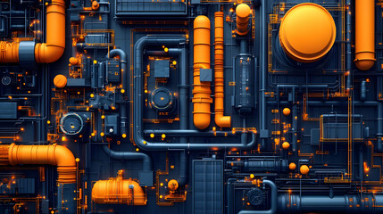 Poster - Abstract representation of industrial pipes and connections in orange and black.