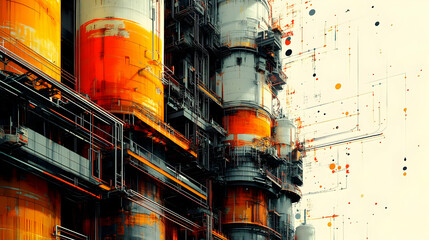 Poster - Abstract industrial scene featuring vibrant tanks and intricate designs.