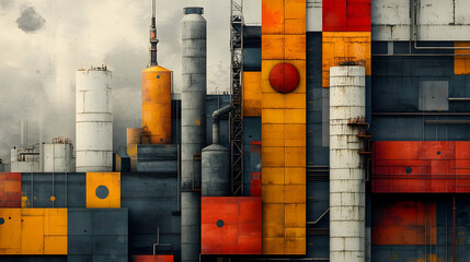 Poster - Abstract industrial landscape featuring colorful geometric patterns and structures.