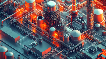 Poster - Aerial view of an industrial complex with pipes and structures emitting orange light.