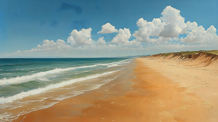 Wall Mural - Illustration Sunny Beach, Ocean Waves, Blue Sky, Clouds, Coastline, Sand