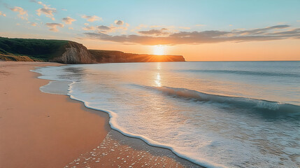 Poster - Illustration of Sunset Beach Waves Ocean Coast Landscape Nature Scenery