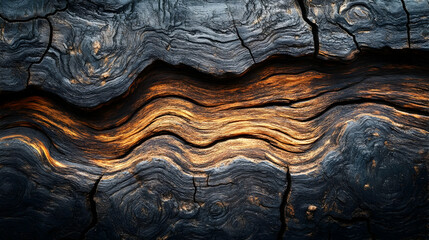 Poster - A close-up of textured, dark wood with intricate patterns and warm highlights.