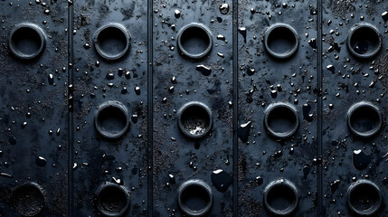 Poster - A textured dark surface with circular holes, showing water droplets and debris.