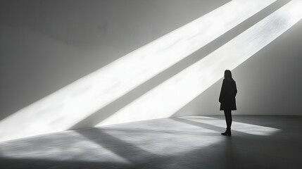 Poster - A solitary figure stands in a minimalist space illuminated by beams of light.