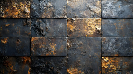 Poster - A textured wall made of dark stone tiles with a metallic sheen and warm highlights.