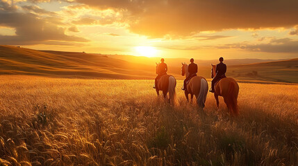 Sticker - Horseback Riding Illustration, Golden Hour Sunset Wheat Field