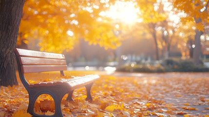 Wall Mural - Photo Autumn Park Bench Leaves Sunshine Golden Fall Nature