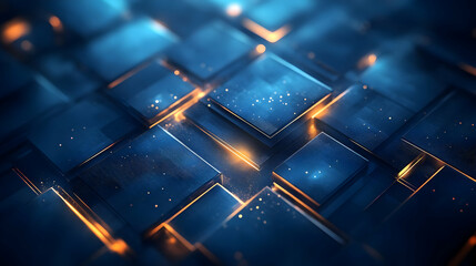 Poster - Abstract blue and gold geometric pattern with glowing elements.