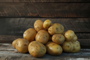 Close up of potatoes on wooden background.