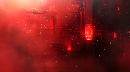 Poster - A futuristic digital landscape with red hues and abstract structures.